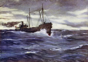 Der Kohlenfrachter Thordis kurz davor, ein deutsches U-Boot zu rammen