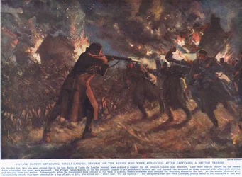 Private Meston greift im Alleingang mehrere Feinde an, die nach der Eroberung eines britischen Grabens vorrückten, Illustration aus 