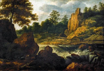 Landschaft mit Sägewerk