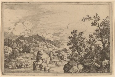 Großer Felsen, der aus einem Fluss ragt, wahrscheinlich ca. 1645-1656