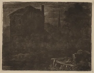 Nächtliche Landschaft mit Haus und Kirchturm