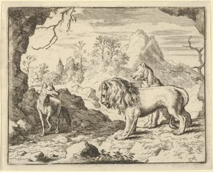 Renard überzeugt den Löwen und die Löwin, einen Schatz zu finden, den sein Vater ihnen gestohlen hat..., 1650-75