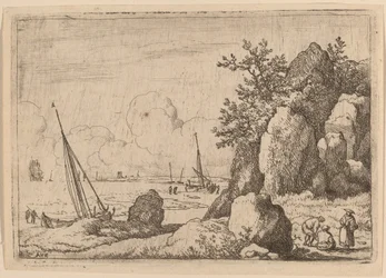 Meereslandschaft mit drei Figuren rechts