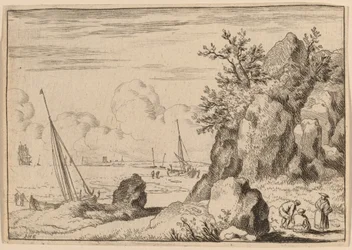 Meereslandschaft mit drei Figuren rechts