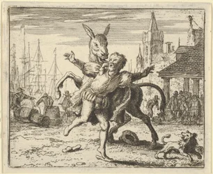 Der Esel, eifersüchtig auf die Aufmerksamkeit, die der Hund von seinem Herrn bekommt, versucht zu imitieren, 1650-75