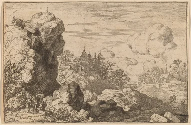 Drei Reisende am Fuße eines hohen Felsens, wahrscheinlich ca. 1645-1656
