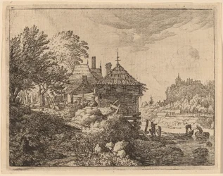 Zwei Boote nähern sich einer Hütte, wahrscheinlich ca. 1645-1656