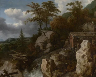 Wasserfall mit Blockhütten