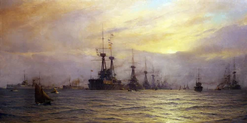 Die Ankunft der Flotte zur Flottenparade anlässlich der Krönung von König Georg V. des Vereinigten Königreichs (Vereinigtes Königreich) (1865-1936), 1911