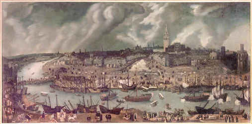 Ansicht der Stadt Sevilla (Spanien). Alonso Sánchez Coello (Sanchez Coello) (um 1531-1588) zugeschriebenes Gemälde. Ende des 16. Jahrhunderts