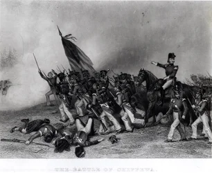 Die Schlacht von Chippewa, General Scott befiehlt den Angriff auf McNeils Bataillon, 5. Juli 1814, graviert von Johnson, Fry und Co. (Gravur) (s/w Foto)