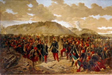 Krimkrieg (1853-1856): „Mac-Mahon und die Ersten Zuaven bei Malakow, 8/09/1855“ General Mac-Mahon (1808-1898) erteilte Oberst Collineaus Ersten Zuaven vor der Einnahme der Malakow-Schanze seine letzten Anweisungen.