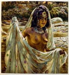 Illustration von Dinet aus „Mirages“, Szenen aus dem arabischen Leben. 1906. „Mirages, Scènes de la vie arabe“ wurde von Étienne Dinet illustriert und von Silman Ben Ibrahim Bamer kommentiert. Nasreddine Dinet wurde als Alphonse-Étienne Dinet geboren