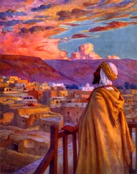 Muezzin ruft die Gläubigen zum Gebet in einem Dorf in der Wüste. Von Nasreddine Dinet (Alphonse-Étienne Dinet). 1861 – 1929. Ein französischer orientalistischer Maler. 1918