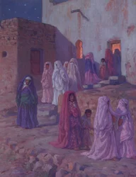 Muslime verlassen die Dorfmoschee am Vorabend von Mouled, Illustration aus einer Geschichte des Lebens des Propheten Mohammed, veröffentlicht in Paris 1918