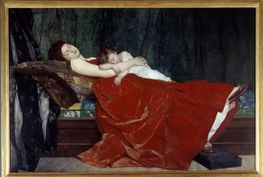 Schlafende Frau und schlafendes Kind. Gemälde von Alphonse Lecadre (1872)