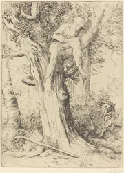 Landschaft mit einem Jungen auf einem Baum