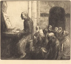 Mönch spielt Orgel in der Kirche