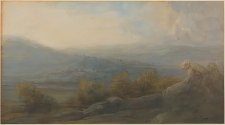 Gebirgslandschaft mit zwei Figuren auf der rechten Seite