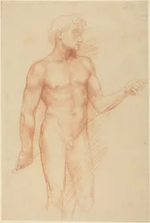 Studie einer männlichen Figur, die einen Stab hinter dem Rücken hält
