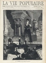 Ein Sänger, auf der Bühne, blickt dem Orchester im Graben entgegen, den Musikern und dem Dirigenten in voller Aufführung. Illustration von Alfons Maria Mucha