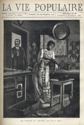 Eine elegante Frau wachst einen Schuh in der Küche eines Hauses. Ein Mann öffnet die Tür hinter ihr. Illustration von Alfons Maria Mucha