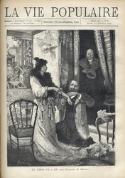 Ein alter Mann überrascht eine galante Szene: Ein Mann kniet vor einer eleganten Frau und befestigt ein Armband an ihrem Handgelenk. Illustration von Alfons Maria Mucha (Alphonse Marie Mucha)