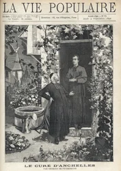 Am Eingang des Pfarrhauses wird eine Behandlung an eine jüngere Person gerichtet. Der Garten ist sehr blühend, ausgestattet mit einem Tank und einer Gießkanne, im Hintergrund sieht man den Kirchturm des Dorfes. Illustration von Alfons Maria Mucha (Alphonse