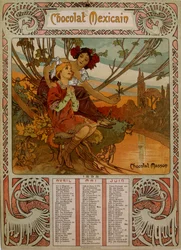 Schokoladen-Masson-Kalender illustriert von Mucha (1860 – 1939), ein tschechischer Jugendstilmaler