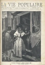Abschied zwischen einem Mann und einer Frau, die auf einem Bahnsteig in einen Zug steigen. Illustration von Alfons Maria Mucha (Alphonse Marie Mucha)
