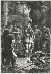 Chlodwig I. tötet einen seiner Soldaten zur Strafe für das Zerschlagen der Vase von Soissons, 486