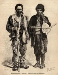 Bulgarische wandernde Bettler, darunter eine blinde Person, die Ghuzla (serbische Laute mit einer Saite) spielt und die Rezitation von Poesie und epischen Erzählungen begleitet, graviert nach der Zeichnung von A. De Neuville, zur Illustration der Reise nac