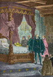 Gaspard de Coligny vor dem Sterbebett von Franz II. im Jahr 1560 (Gravur)