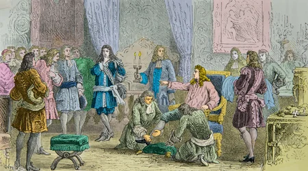 Das Aufstehen von Ludwig XIV. in Anwesenheit der Höflinge (Gravur)