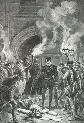 Massaker der Bartholomäusnacht, der Herzog von Guise stößt mit dem Fuß den Leichnam von Gaspard de Coligny (Gravur)