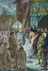 Philippa von Hennegau bittet Eduard III. von England, die Bürger von Calais 1347 zu verschonen (Gravur)
