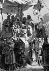Die Christen von Jerusalem verlassen die Stadt vor Saladin (1138-1193) - Gravur von Neuville