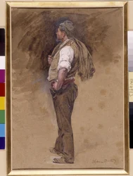 Bauer mit der Jacke auf dem Kopf