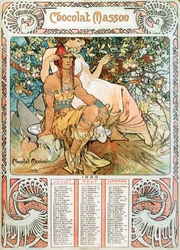 Kalenderseite des Jahres 1898, dekoriert mit einer Werbeillustration von Alphonse Mucha für die Schokoladen Masson