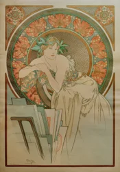 Frau mit Mohnblumen und Graphikmappe