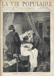 Zwei Männer beugen sich über ein Bett, um den Tod eines Mannes zu sehen. An der Tür beobachten andere Männer die Szene. Illustration von Alfons Maria Mucha (Alphonse Marie Mucha)