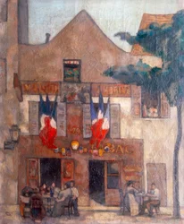 Ansicht der Fassade des berühmten Pariser Restaurants in Montmartre, mit Fahnen am Fenster und Menschen an einem Tisch