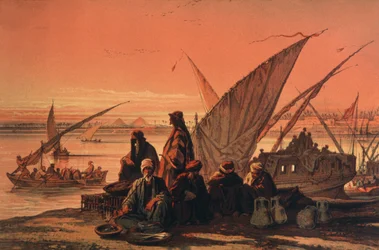 Boote auf dem Nil, nahe den Pyramiden