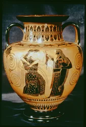 Attische schwarzfigurige Amphore mit einer dionysischen Szene, 540-530 v. Chr.