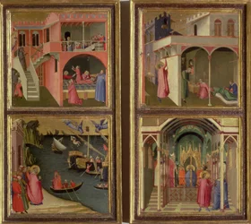 Vier Szenen aus dem Leben des heiligen Nikolaus: Der heilige Nikolaus gibt drei Mädchen ihre Mitgift; der heilige Nikolaus wird zum Bischof von Myra gewählt; Wiederbelebung eines vom Teufel erwürgten Jungen; Befreiung Myras von der Hungersnot