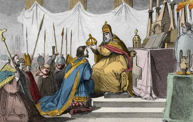 Karl der Große (742-814) gekrönt von Papst Leo III (ca. 750-816) in der Basilika St. Peter in Rom am 25. Dezember 800 - Krönung von Karl dem Großen im Jahr 800 durch Papst Leo III - Gravur von 1825 in „Histoire de France“.