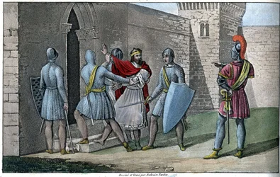 Karl III., „Der Einfältige“ (879-929), Karolinger-Dynastie. 922 entthront und gezwungen, sich zu retten, suchte er Zuflucht bei Herbert II. von Vermandois (ca. 880-943), der ihn 923 im Schloss von Peronne gefangen hielt - Entworfen und graviert von Ambrois