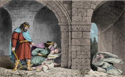 Childebert I. (ca. 498-558) bei der Ermordung der Erben seiner Brüder - Childebert I. lässt Clotaire (Clothaire) die Kinder ihres Bruders Clodomir, König von Orléans, abschlachten, dessen Staaten sie unter sich aufteilen - 1825 in "Geschichte Frankreichs
