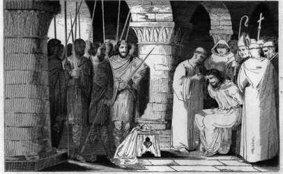 Childerich III. (714-751) wird entthront und in ein Kloster verbannt - Childerich III. wird von Pepin le Bref in ein Kloster in Saint Omer zwischen 742-749 verbannt - Gravur von 1825 in „Histoire de France“ dargestellt durch synoptische Gemälde