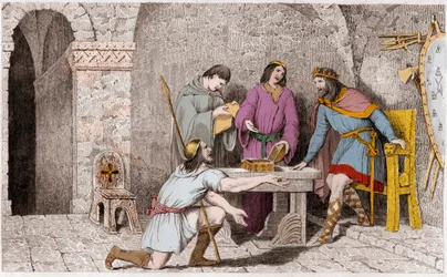 Childerich I. (gest. 481) und die Geschichte der zwei Hälften der Goldmünze - Childerich I., bevor er Frankreich verließ, hatte die Hälfte eines Goldstücks genommen, die andere Hälfte hatte er Guyeman gegeben - Etwa sechs bis acht Jahre später, als Guyeman